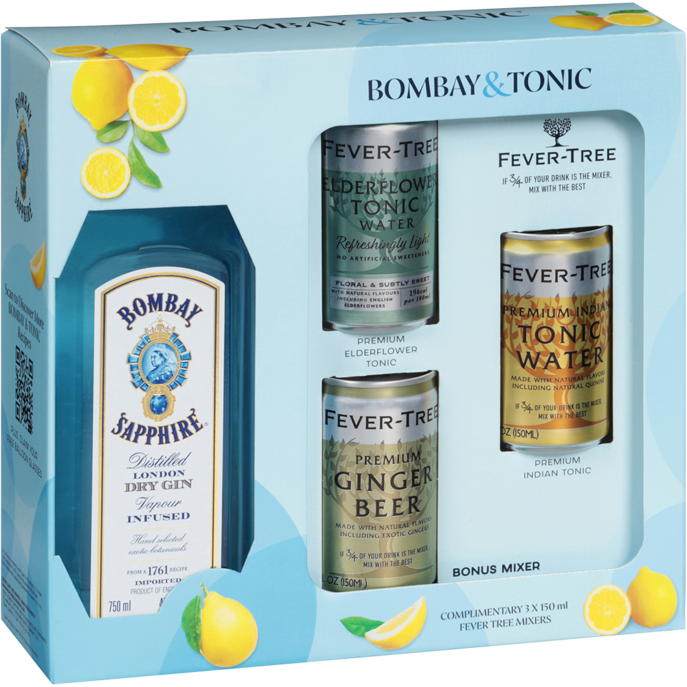 Bombay Sapphire Dry Gin (750ml) with Fever Tree Mixers Gift set