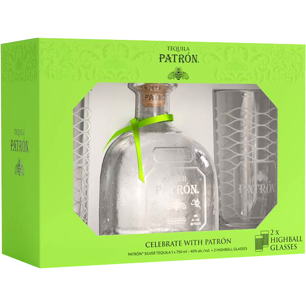 Patron Silver Tequila with 2 Highball Glasses